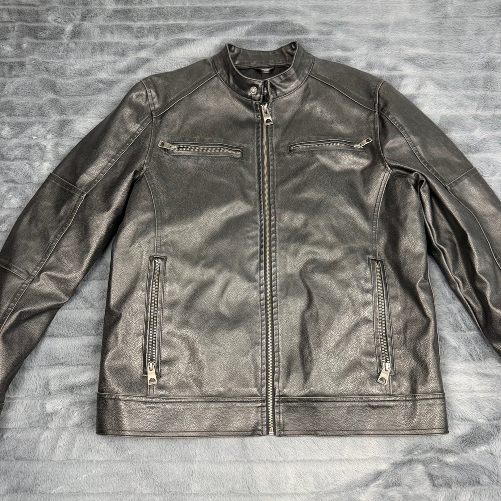 Guess Mens Faux Leather Moto Jacket Black Full Zip Biker Racer Size M 14501